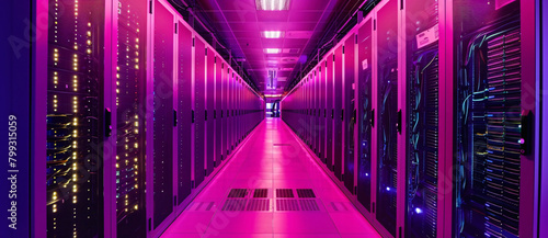 Purple-Lit Datacenter Corridor with Technology Infrastructure
