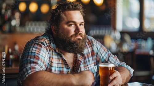 a man with a beard sitting at a table with a beer in his hand