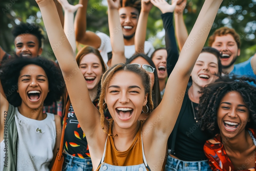 A group of people are smiling and laughing together. The girl in the center is the only one with her arms raised