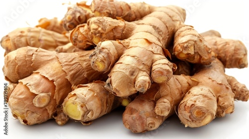 Pile of ginger roots on white surface
