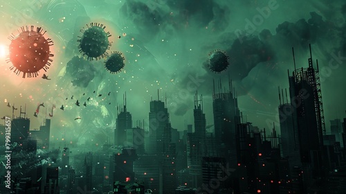 a futuristic city with a lot of green and red lights and a bunch of red and black objects floating in the air..