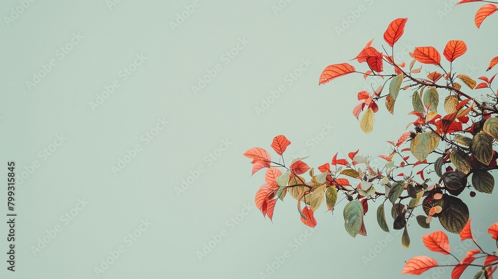 a tree with red and green leaves on it's branches against a blue background