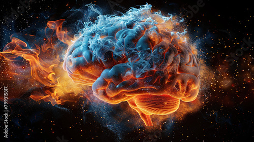 illustration of depressed brain , organ damage, crying brain sad, anxiety, depression, post partum, latest technology brain with rough smoke style art  photo