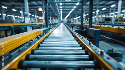 a conveyor belt in a factory area with lights on the ceiling and a yellow belt on the floor © progressman