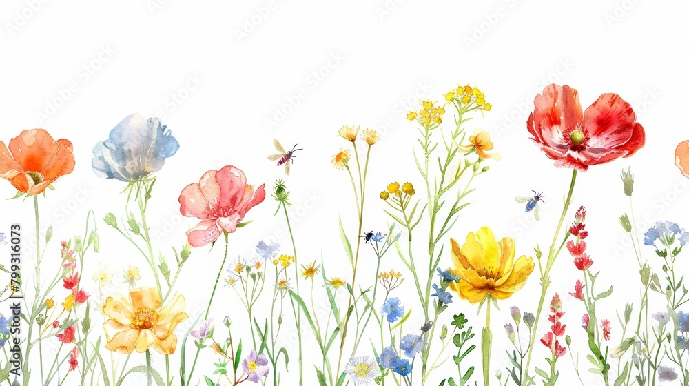 Delicate Wildflowers and Insects on White Background Generative AI