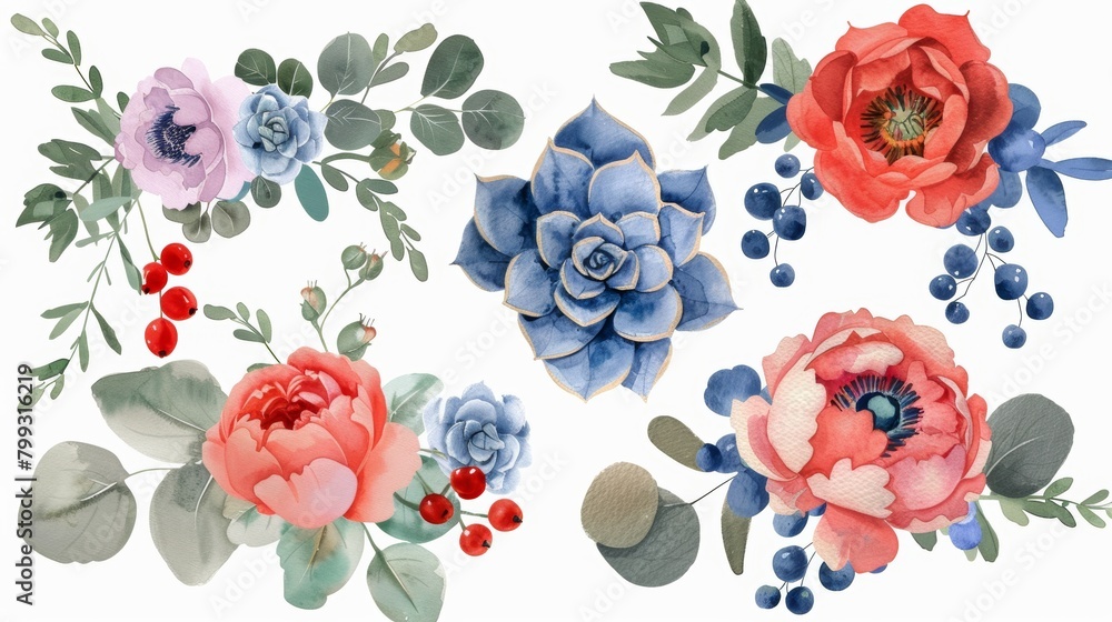 Naklejka premium Vibrant Floral Set with Peonies and Succulents Generative AI