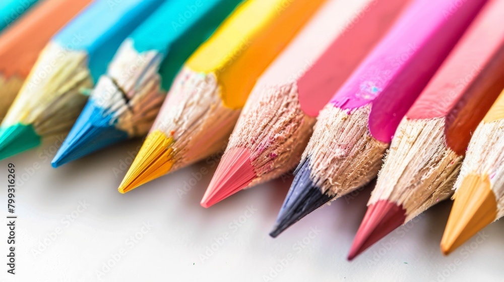 A row of colorful pencils with one pencil placed in the center A row of colorful pencils with one pencil placed in the center