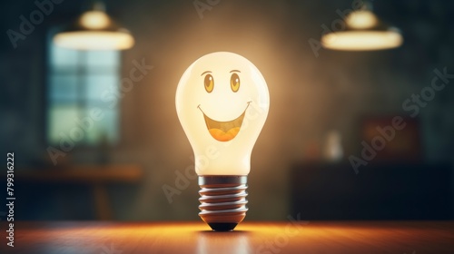  A light bulb with a happy smiley face drawn on it. The light bulb is turned on, emitting a glow, with the smiley face visible. The background is plain, focusing on the light bulb.
