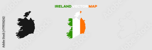 Ireland Map Vector Pack. Map with Flag. Gray Map Silhouette. Gray Outline Map. Editable EPS file. 