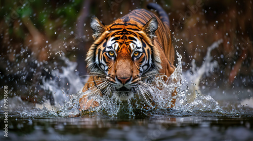 Tiger  running in water with a splash and looking at the camera