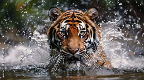 Tiger, running in water with a splash and looking at the camera