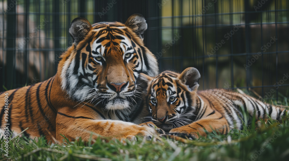 Obraz premium A tiger and a baby tiger lying on the grass at the zoo