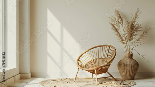 straw bamboo chair with a neutral vase Space for copying. In the foreground is a wooden chair. High quality photo composition of cozy living room interior