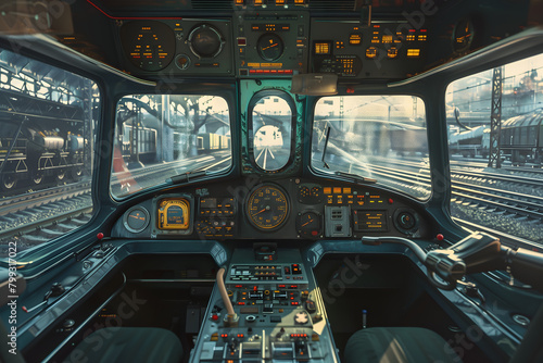 inside the cockpit of a train near a station. 