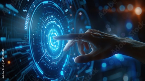 technology concept. Human hand touching a button on a transparent hologram screen.