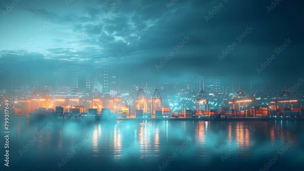 Commercial port with shipping containers highlighted on global trade routes map at twilight. Concept Shipping Containers, Global Trade Routes, Commercial Port, Twilight, Transportation Industry