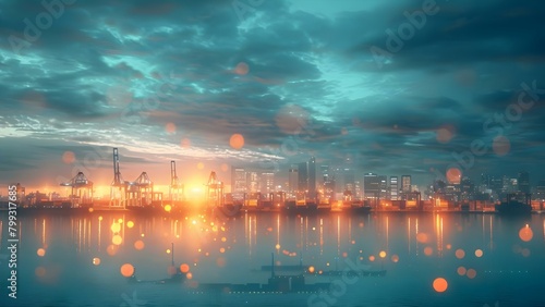 Global Trade Routes Highlighted on Map with Shipping Containers at Commercial Port During Twilight. Concept Global Trade Routes, Shipping Containers, Commercial Port, Twilight, Map Highlight