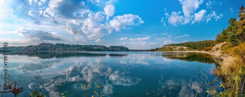 View of the lake with beautiful pine forests with blue skies during the day