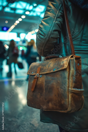 A woman is holding a leather briefcase in a busy airport. The scene is bustling with people and luggage, creating a sense of urgency and movement