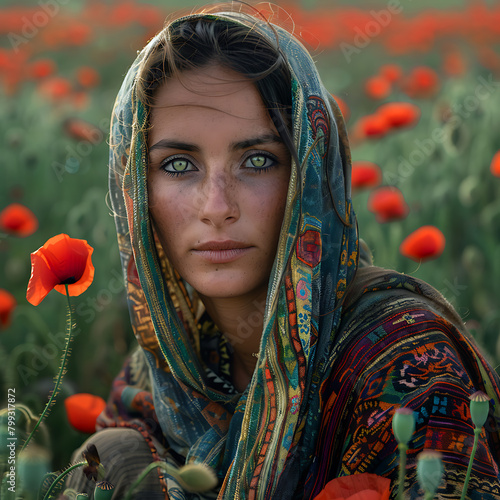 A young Afghan woman in national clothes in a field of poppies looks gloomily and thoughtfully at the camera, portrait close-up