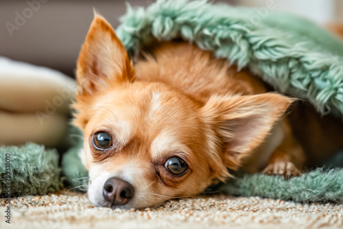 A small brown dog is laying on a green blanket. The dog has its head under the blanket and he is looking up at the camera