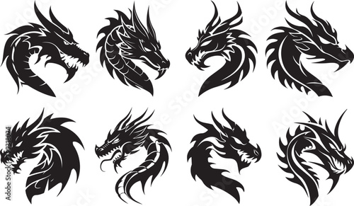 Black dragon silhouette offering a variety of dynamic poses and styles ideal for mythical or fantasy themes