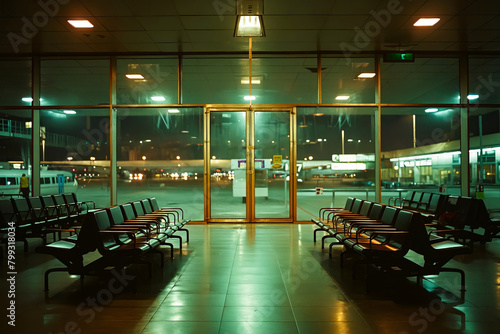 A large empty airport terminal with rows of chairs and a large window