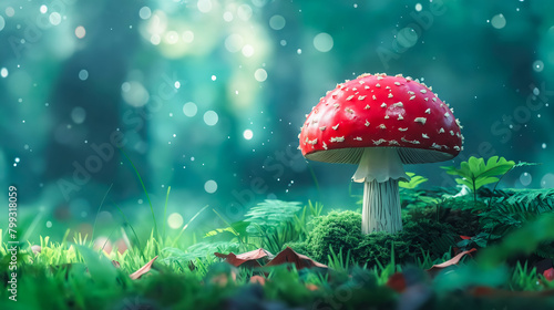 Red mushroom is sitting in the middle of green field. © valentyn640