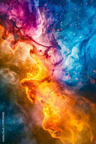 A colorful painting of a fire with orange and blue flames. The painting is abstract and has a dreamy, ethereal quality to it