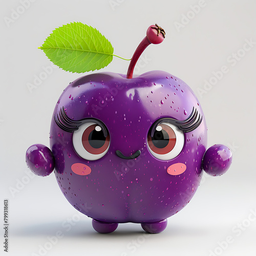 Funny cute purple plum with hands and eyes, 3d illustration on a white background, for advertising and design of fruit jam and dishes © Dmitry