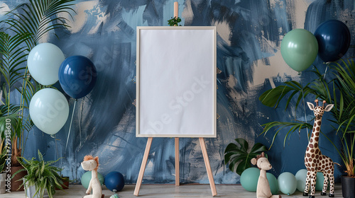 white canvas board mockup on wooden stand with baby gender or birthday party theme , blue background with balloons and toy giraffe and plants 