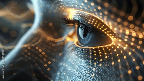 Investigating Cybercrimes with a Woman's Cybernetic Eye. Concept Cybercrime Investigation, Cybernetic Eye Technology, Female Detective, Futuristic Crime Solving, Tech-Focused Thriller