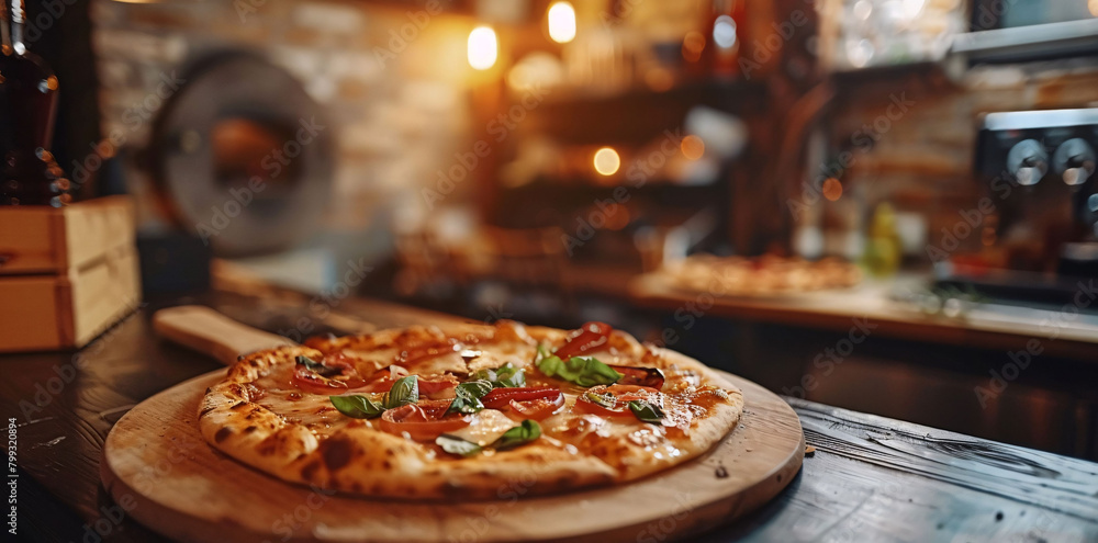 Pizza on a Wooden Board in a Rustic Restaurant Setting