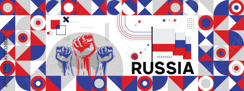Flag and map of Russia with raised fists. National day or Independence day design for Counrty celebration. Modern retro design with abstract icons. Vector illustration.