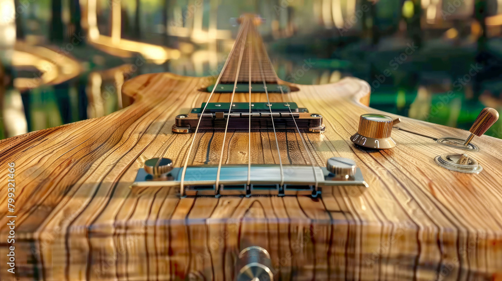 Close up of the fretboard of an electric guitar with shallow depth of field