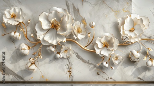 panel wall art featuring a marble background adorned with intricate white and golden flower designs, elevating the ambiance of any space as an exquisite wall decoration.