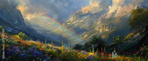 A hidden valley blanketed in colorful wildflowers, with a radiant rnbow arching over the horizon and disappearing into the clouds. photo