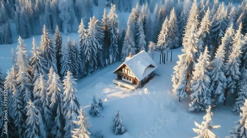 A cozy cabin nestled among snow-covered trees in a winter wonderland.