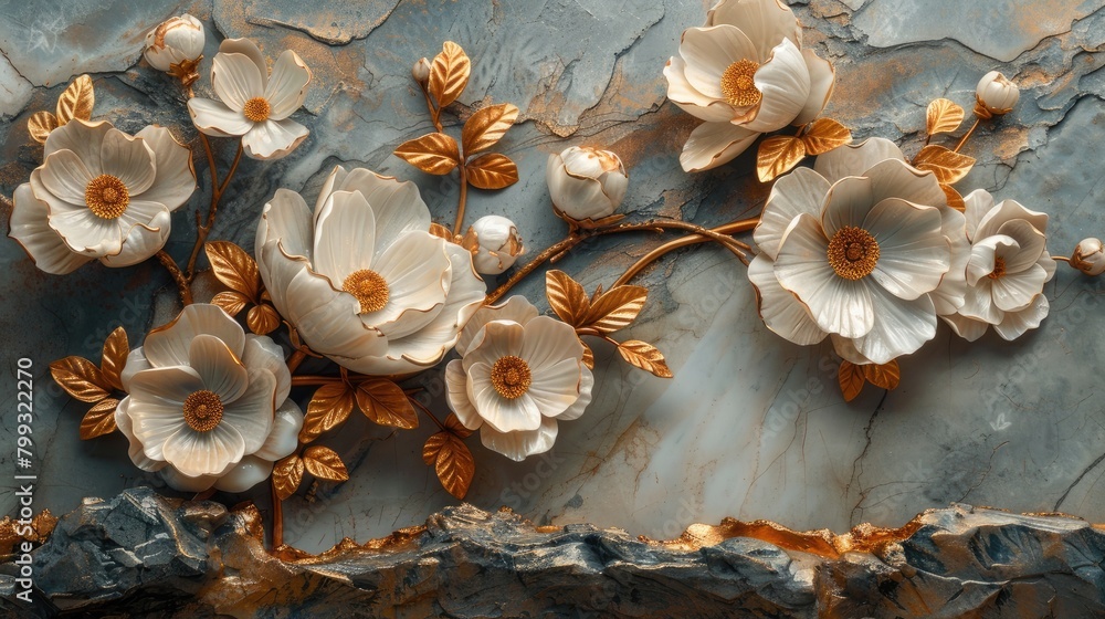 Fototapeta premium panel wall art featuring a marble background adorned with intricate white and golden flower designs, elevating the ambiance of any space as an exquisite wall decoration.