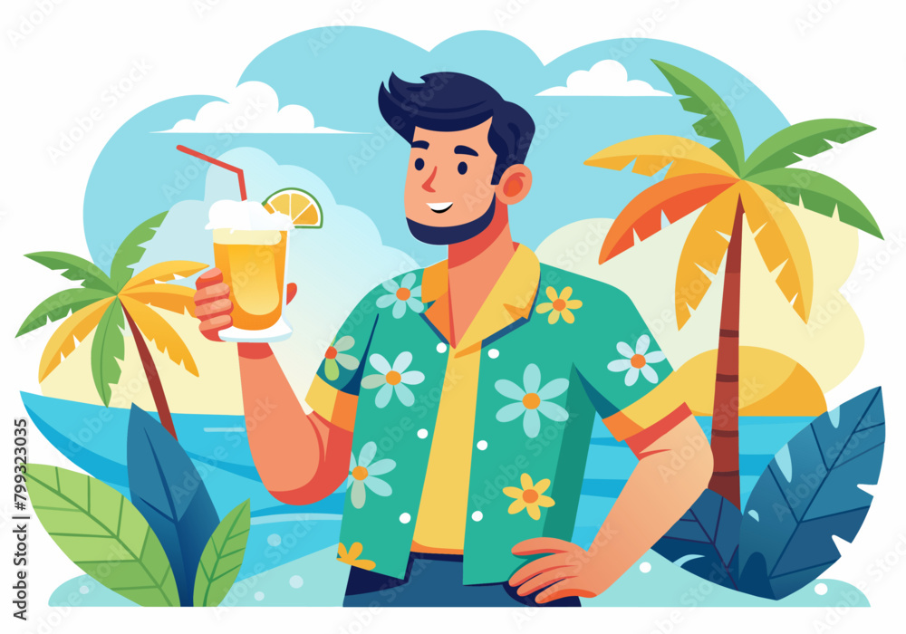 Happy young man enjoying and drinking cocktails on the beach with palm trees.