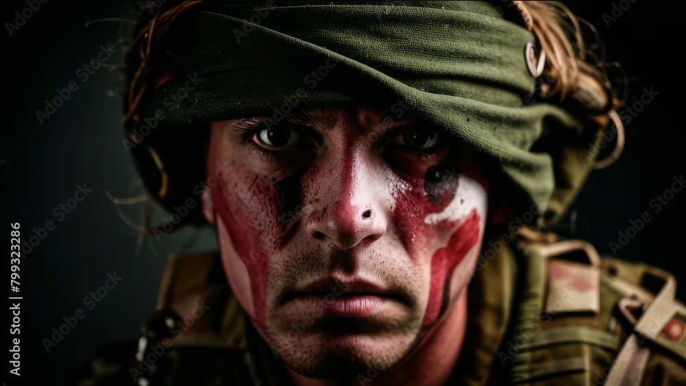 Soldier with red paint on his face and a bandaged head. Soldier with red paint on his face and a bandaged head.