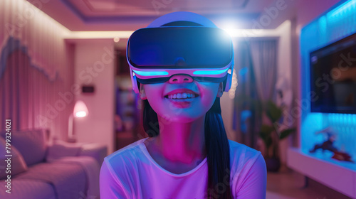 Girl Teenager having fun play VR virtual reality goggle , Future digital technology metaverse game and entertainment,3D game futuristic colorful background, Learning with VR Glasses.