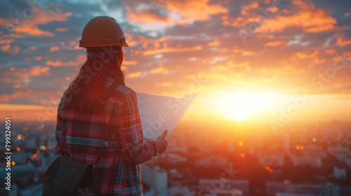 Wallpaper Mural Young adult woman engineering working on construction site, Looking on blueprint, working on the rooftop at sunset time. Torontodigital.ca