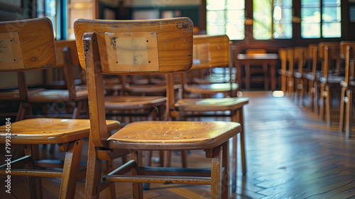wooden chairs in classroom Old school desk symbol of education and learning in simpler times   blur vintage background  bright empty classroom for lessons