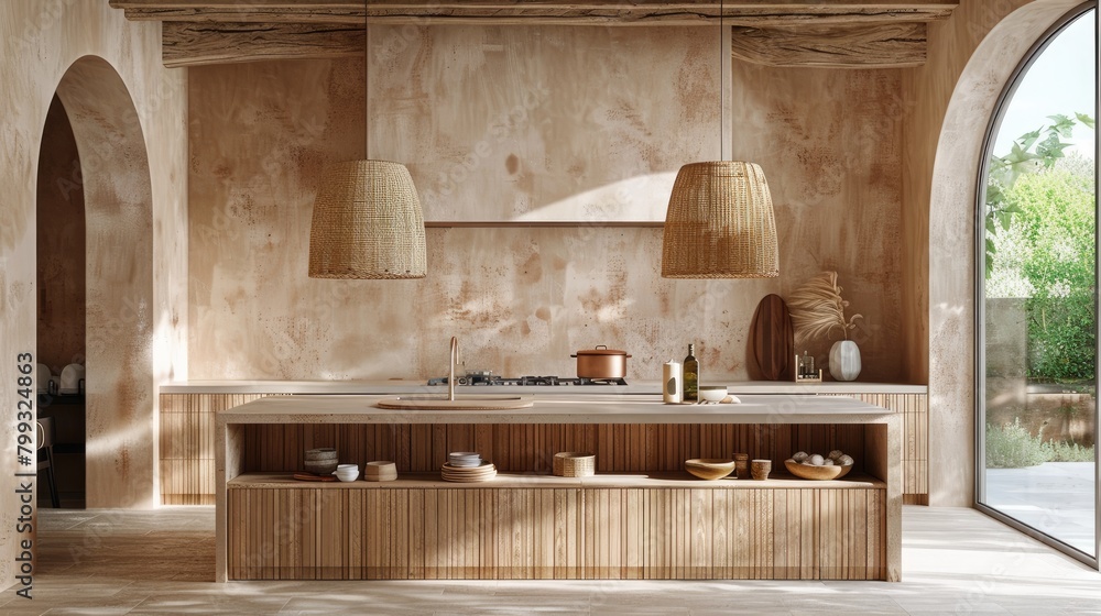 a kitchen adorned in light oak and neutral tones, featuring natural materials, arched architecture, rattan pendant lights, textured wallpaper on white walls, soft lighting, and a spacious island. a kitchen adorned in light oak and neutral tones, featuring natural materials, arched architecture, rattan pendant lights, textured wallpaper on white walls, soft lighting, and a spacious island.