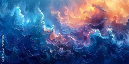 Vibrant Abstract Art Depicting Fiery Sunset and Oceanic Waves Interface