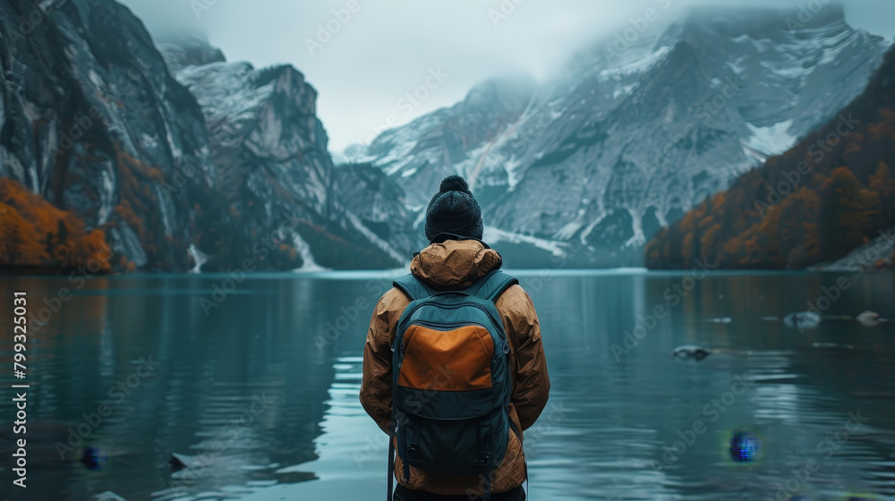 A man stands on the shore of a lake with a backpack on