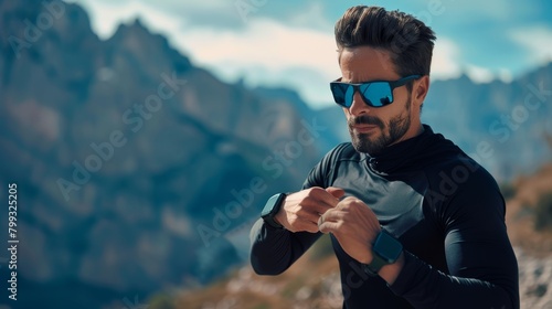 Sportsman checks watches for outdoor fitness, mountain marathon training, and heartbeat. Digital workout stopwatch, performance tracking, and runner rest.