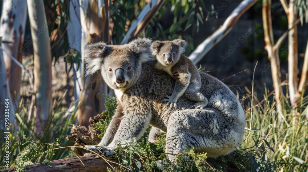 Fototapeta premium Portrait of mother and baby koala in the forest being carried