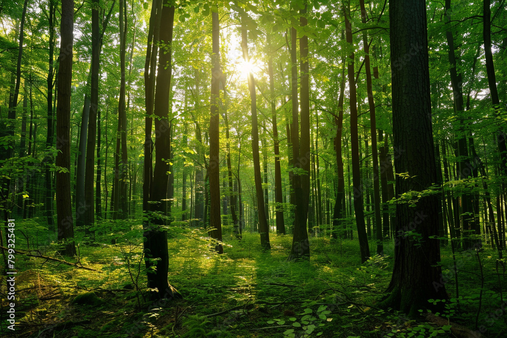 Obraz premium View of the forest with lofty trees in dim or melancholy light. Background image of nature. The idea of carbon net zero.